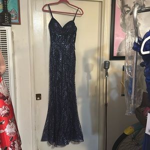Navy blue glitter sequin corset mermaid spaghetti strap gown with horsehair trim